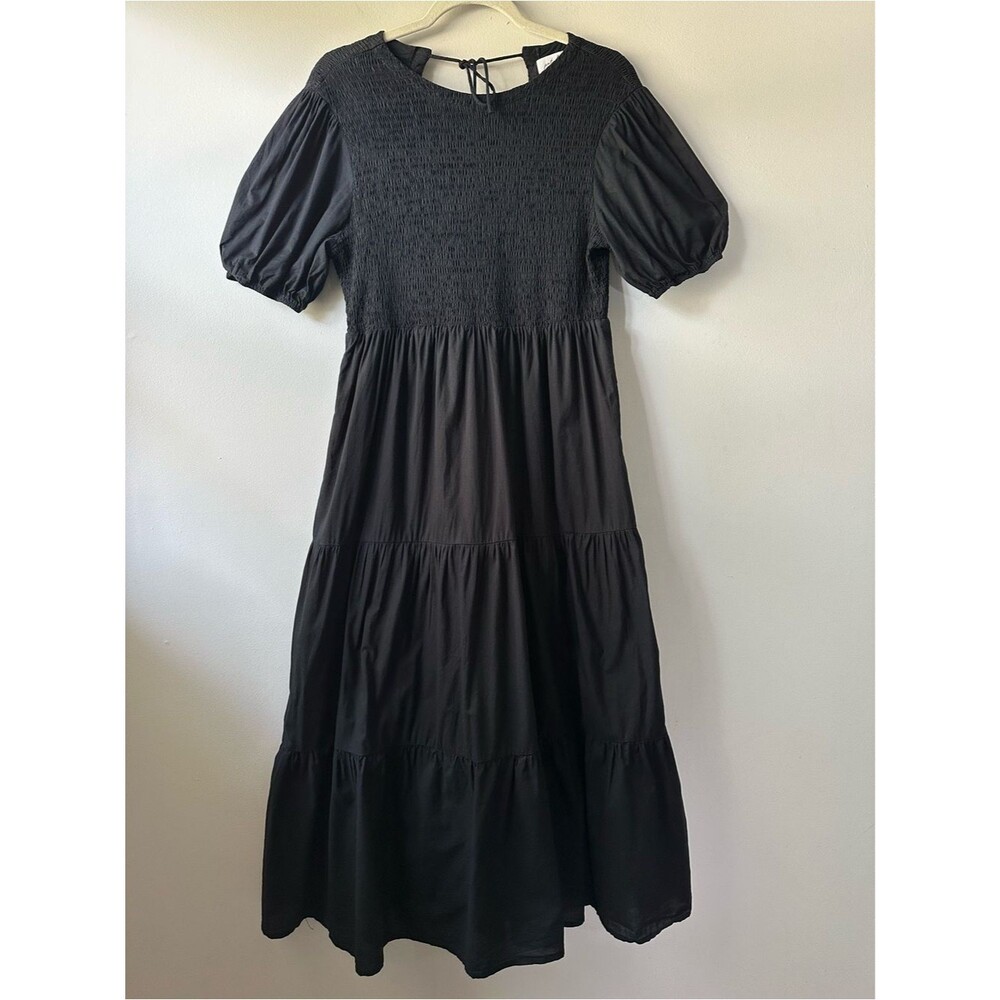 Petal & Pup Naura Black Shirred Tiered Midi Dress Smocked Puff-Sleeve Size 8